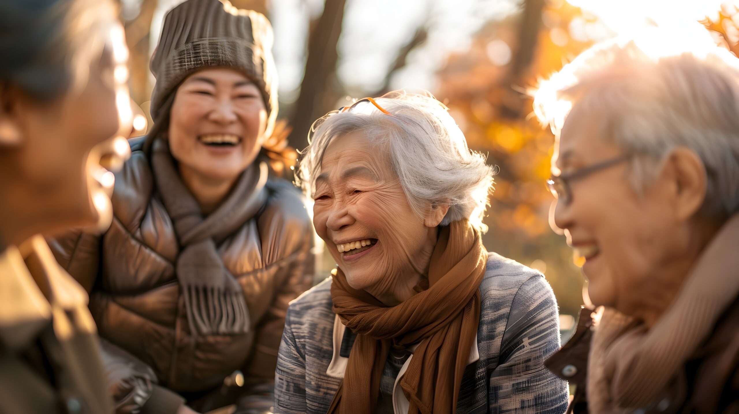 Energetic Elderly Friends Laughing and Sharing Stories in Sunny